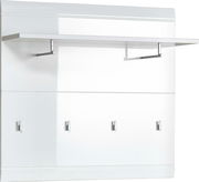 Garderobenpaneel in Weiß mit vier Haken und einem Regalbrett, seitliche Perspektive