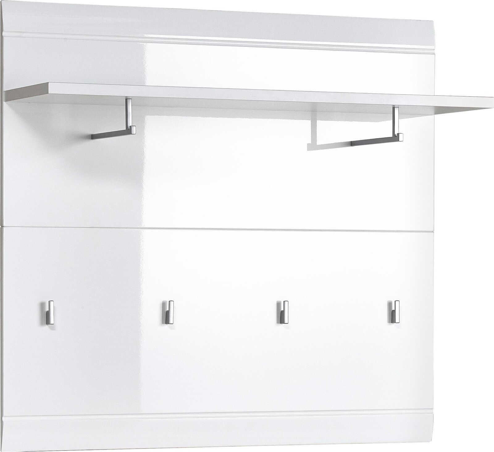 XORA Garderobenpaneel AVILA Garderobenpaneel in Weiß mit vier Haken und einem Regalbrett, seitliche Perspektive