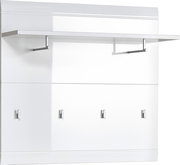 Garderobenpaneel in Weiß mit vier Haken und einem Regalbrett, seitliche Perspektive