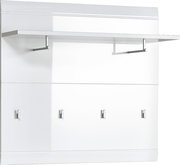 Garderobenpaneel in Weiß mit vier Haken und einem Regalbrett, seitliche Perspektive