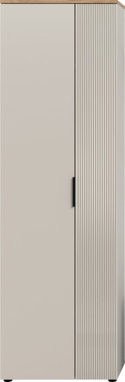 Frontansicht eines modernen Garderobenschranks mit einer glatten und einer geriffelten Tür, oben mit Holzabschluss.