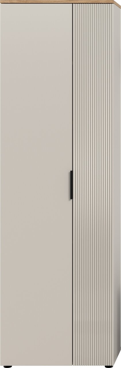 Frontansicht eines modernen Garderobenschranks mit einer glatten und einer geriffelten Tür, oben mit Holzabschluss.