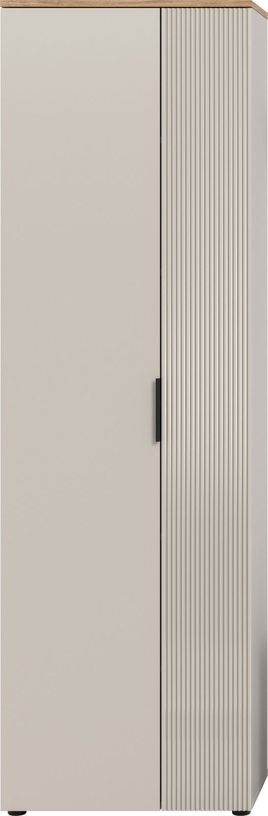 Frontansicht eines modernen Garderobenschranks mit einer glatten und einer geriffelten Tür, oben mit Holzabschluss.