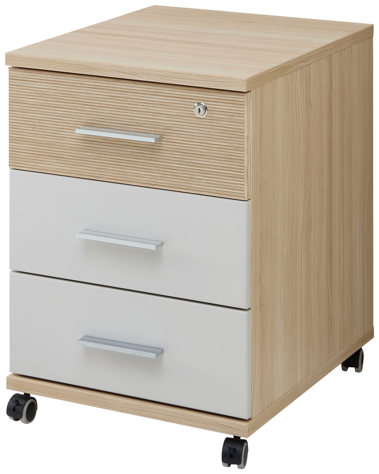 Stylife Rollcontainer BASEL OFFICE Rollcontainer aus Holz mit drei Schubladen, davon eine abschließbar, auf Rollen, seitliche Perspektive