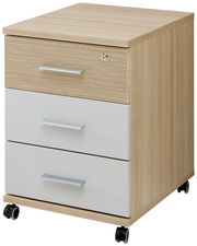 Rollcontainer aus Holz mit drei Schubladen, davon eine abschließbar, auf Rollen, seitliche Perspektive