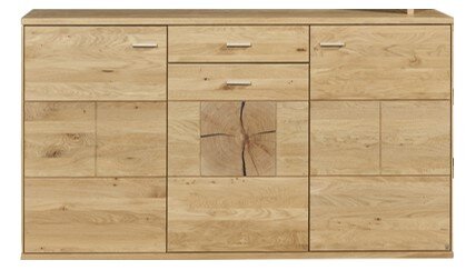Frontale Ansicht eines hölzernen Sideboards mit Schubladen und Türen, natürliche Holzmaserung sichtbar.