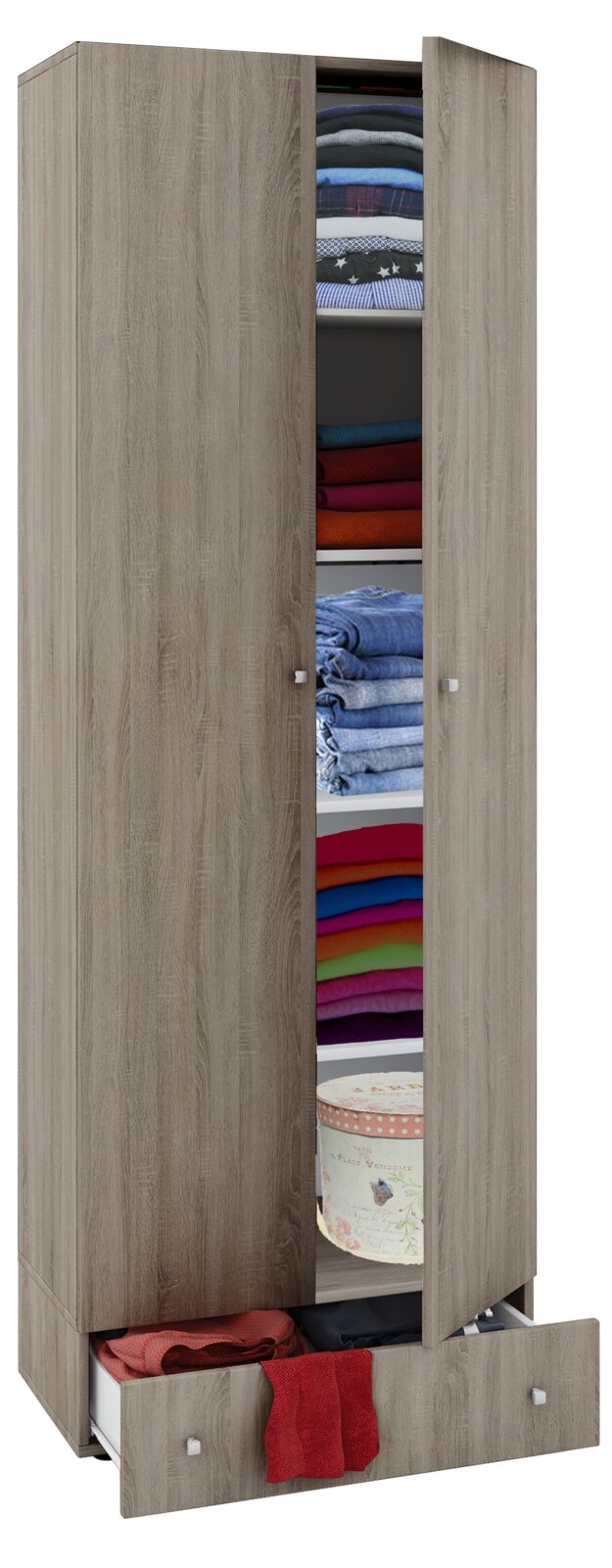Hoher zweitüriger Kleiderschrank in Holzoptik (Eiche), leicht geöffnet mit sichtbaren Regalböden und gefalteter Kleidung sowie einer ausgezogenen Schublade unten; Frontansicht.