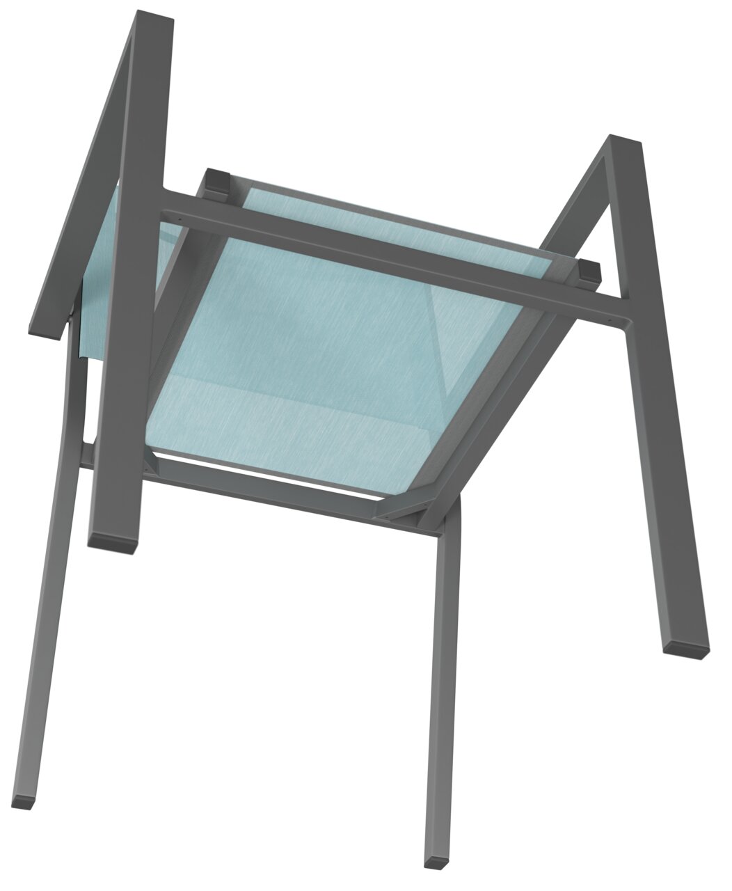 Unteransicht eines Stapelsessels mit grauem Metallrahmen und hellblauer Sitzfläche.