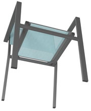 Unteransicht eines Stapelsessels mit grauem Metallrahmen und hellblauer Sitzfläche.