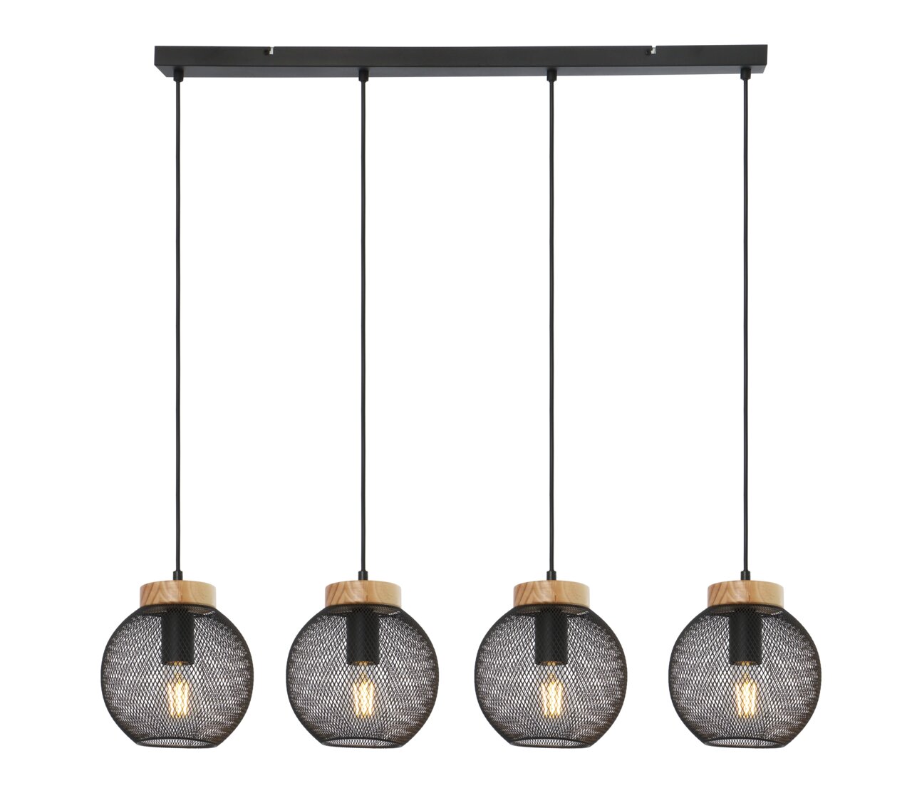Moderne Hängeleuchte mit vier kugelförmigen, schwarzen Drahtschirmen und Holzakzenten, frontal abgebildet.