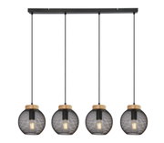 Moderne Hängeleuchte mit vier kugelförmigen, schwarzen Drahtschirmen und Holzakzenten, frontal abgebildet.