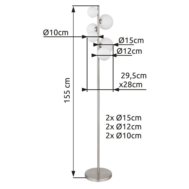 Stehleuchte mit mehreren kugelförmigen Lampenschirmen in verschiedenen Größen, seitliche Perspektive