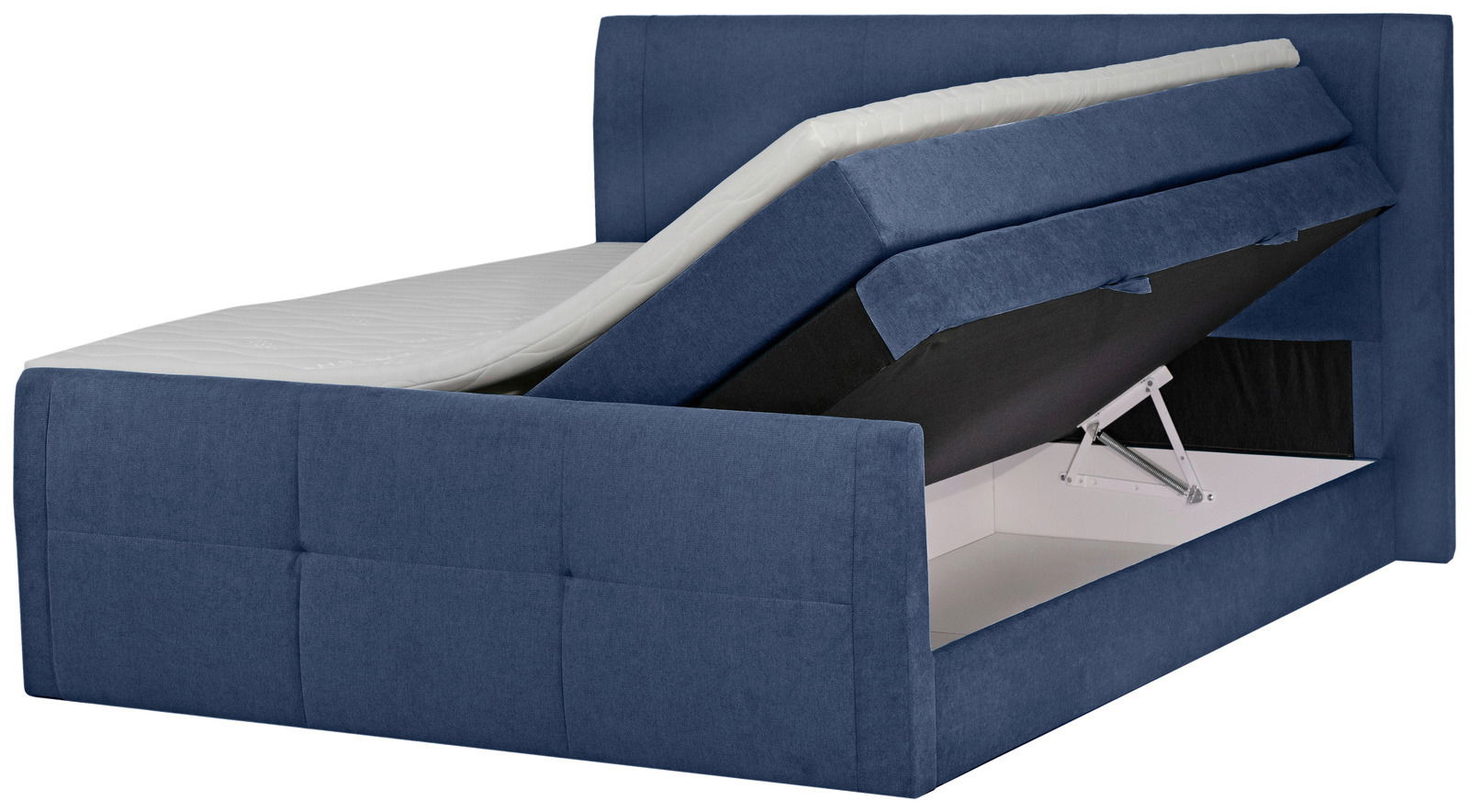 Blaues Boxspringbett mit hochgeklappter Matratze und sichtbarem Stauraum, seitliche Perspektive