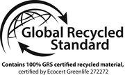 Logo des Global Recycled Standard mit Text, der die Zertifizierung von 100% recyceltem Material durch Ecocert Greenlife bestätigt, aus der Vorderansicht.