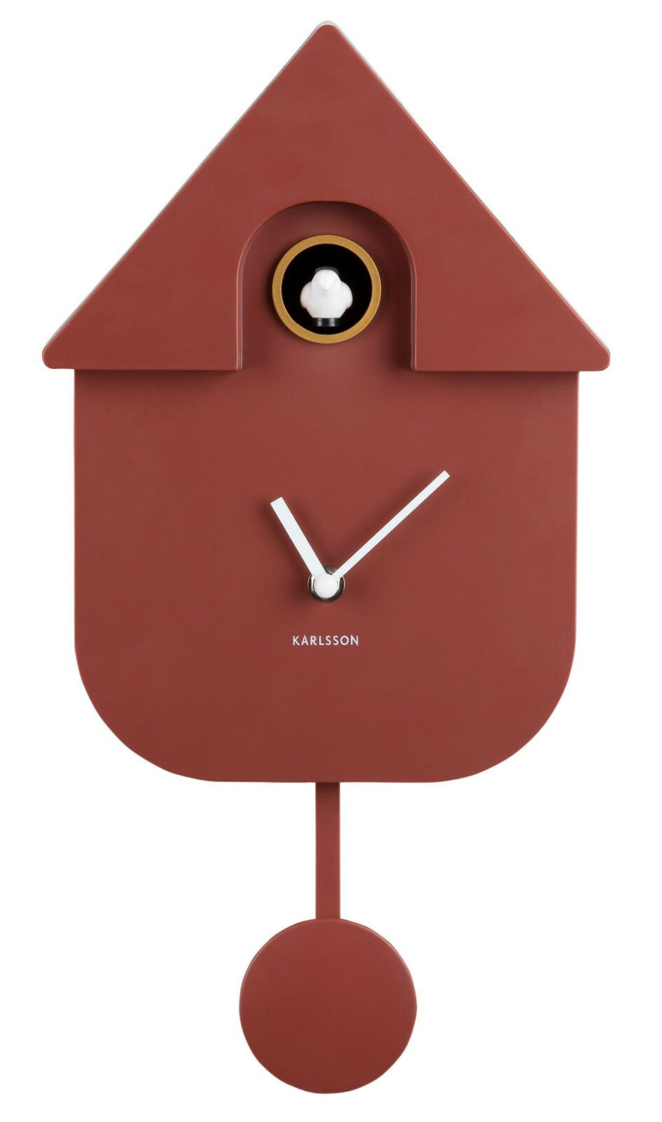 Moderne rote Kuckucksuhr von KARLSSON mit geometrischem Design und Pendel, Frontalansicht.