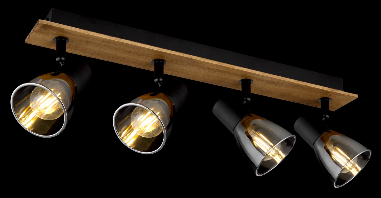 Moderner Deckenstrahler mit vier verstellbaren Leuchten, Holz- und Metallelemente, seitliche Perspektive
