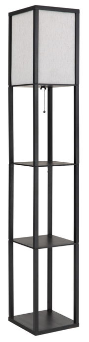 Moderne Stehleuchte mit quadratischem Lampenschirm und integriertem Regal, seitliche Perspektive