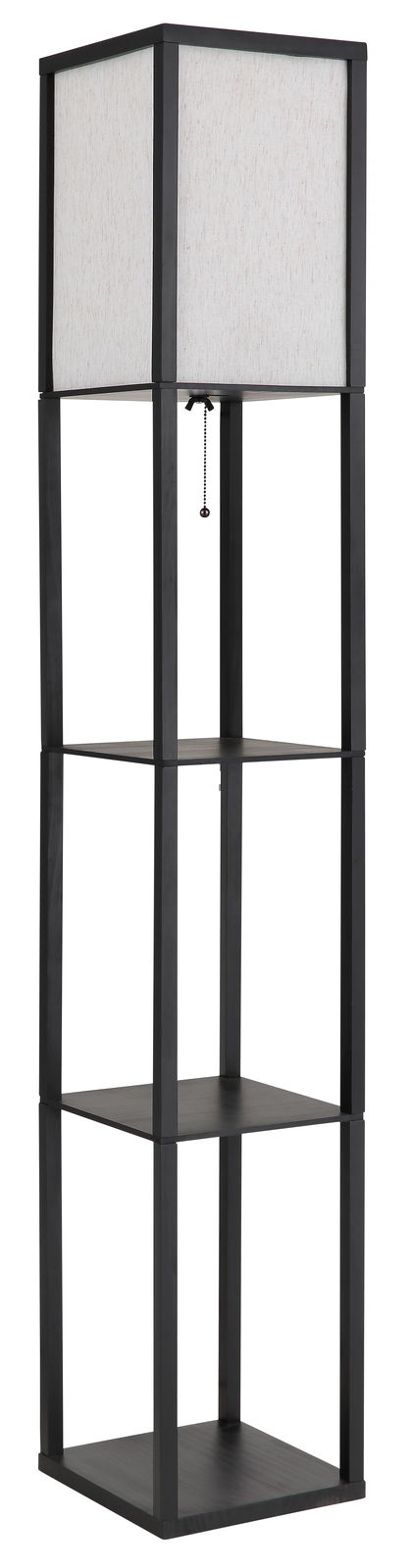 Moderne Stehleuchte mit quadratischem Lampenschirm und integriertem Regal, seitliche Perspektive