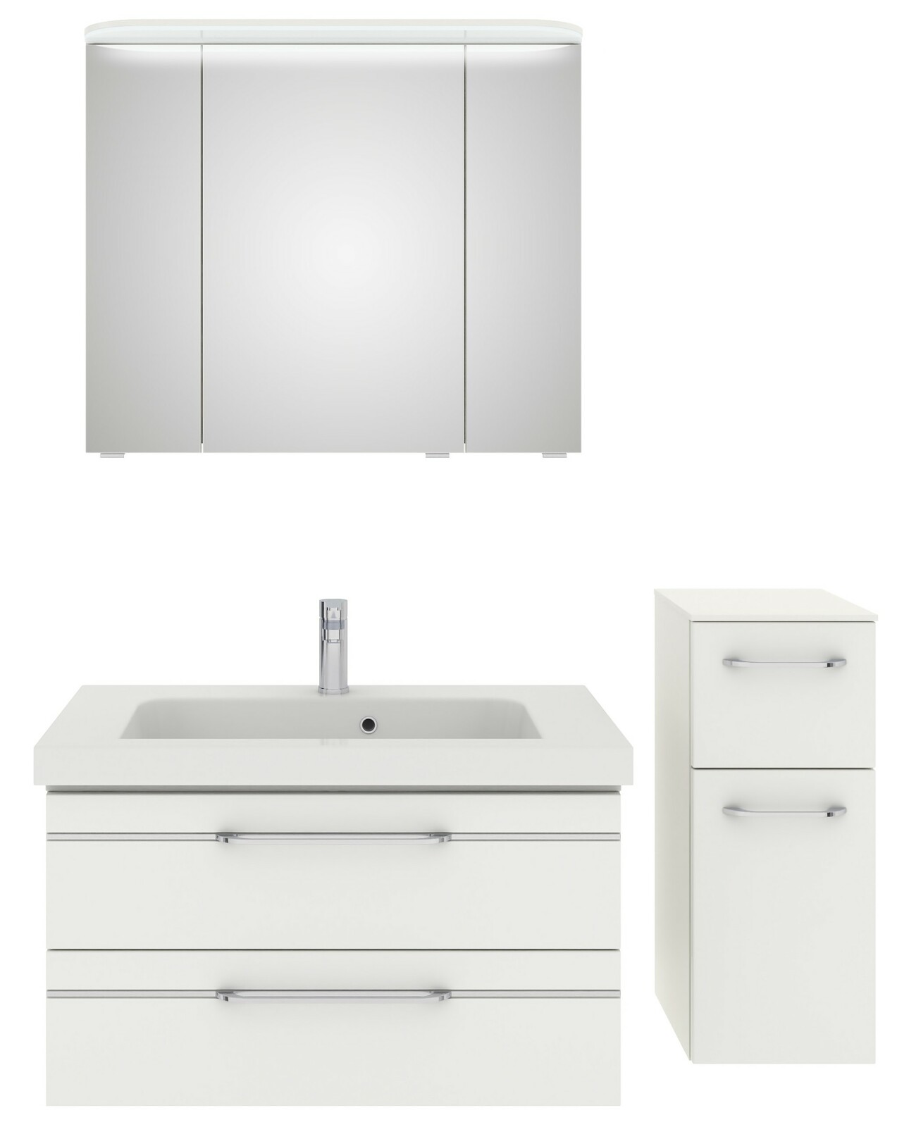 Pelipal Badblok BALTO SPRINT Badezimmermöbel-Set bestehend aus einem Spiegelschrank, einem Waschbeckenunterschrank mit zwei Schubladen und einem schmalen Hochschrank, frontal abgebildet.