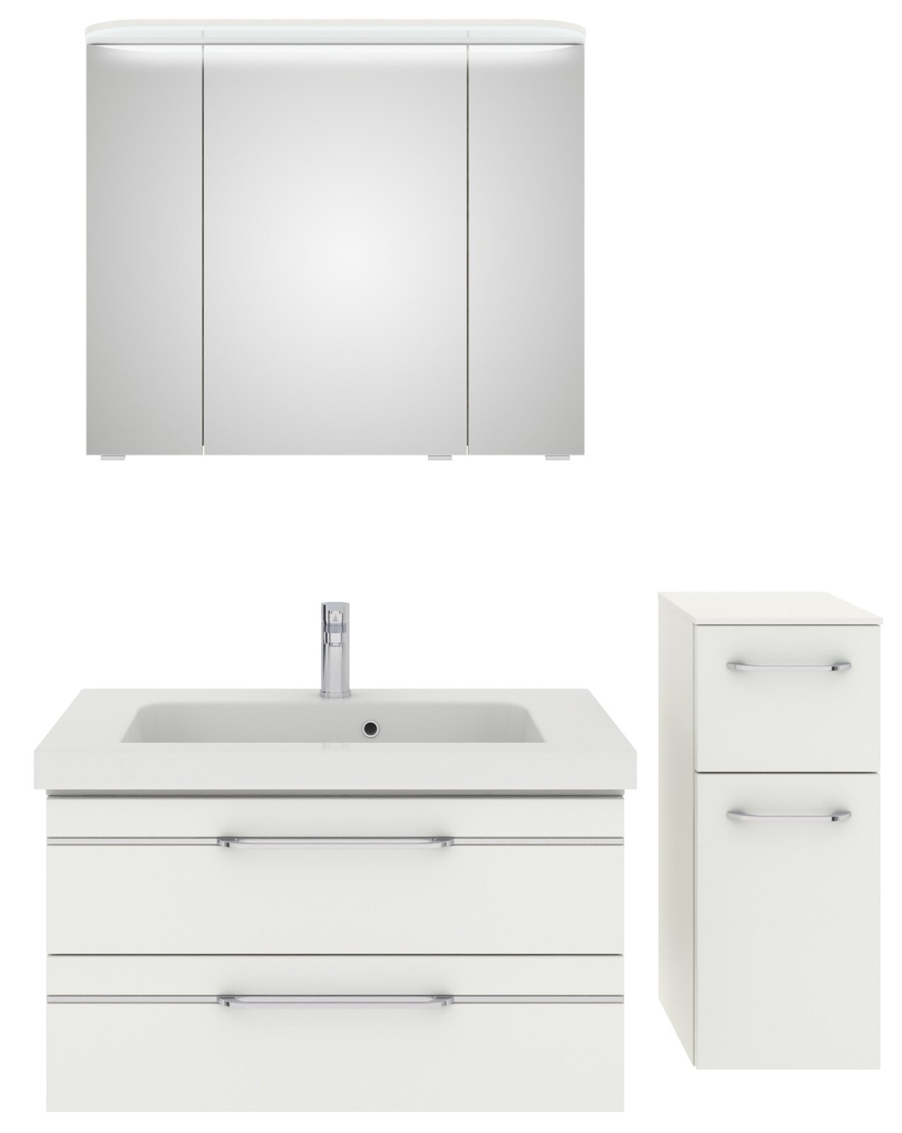 Badezimmermöbel-Set bestehend aus einem Spiegelschrank, einem Waschbeckenunterschrank mit zwei Schubladen und einem schmalen Hochschrank, frontal abgebildet.