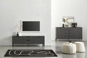 Moderne Wohnzimmermöbel in dunklem Grau, bestehend aus einem TV-Lowboard und einem Sideboard, mit dekorativen Elementen und einem Teppich im Vordergrund. Frontalansicht.