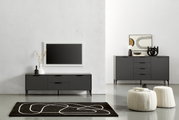 Moderne Wohnzimmermöbel in dunklem Grau, bestehend aus einem TV-Lowboard und einem Sideboard, mit dekorativen Elementen und einem Teppich im Vordergrund. Frontalansicht.