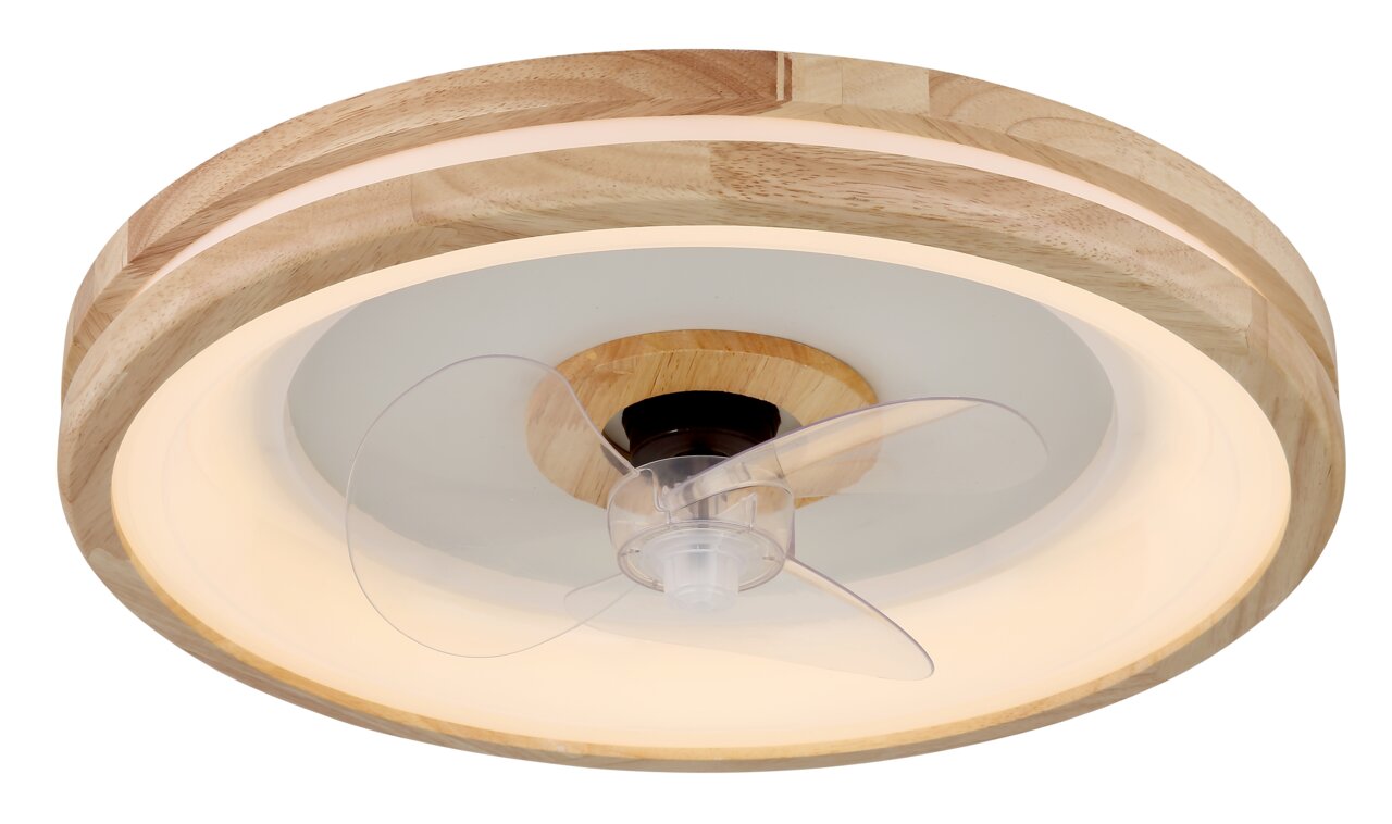 Moderner Deckenventilator mit Holzrahmen und transparenten Flügeln, seitliche Perspektive