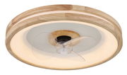 Moderner Deckenventilator mit Holzrahmen und transparenten Flügeln, seitliche Perspektive
