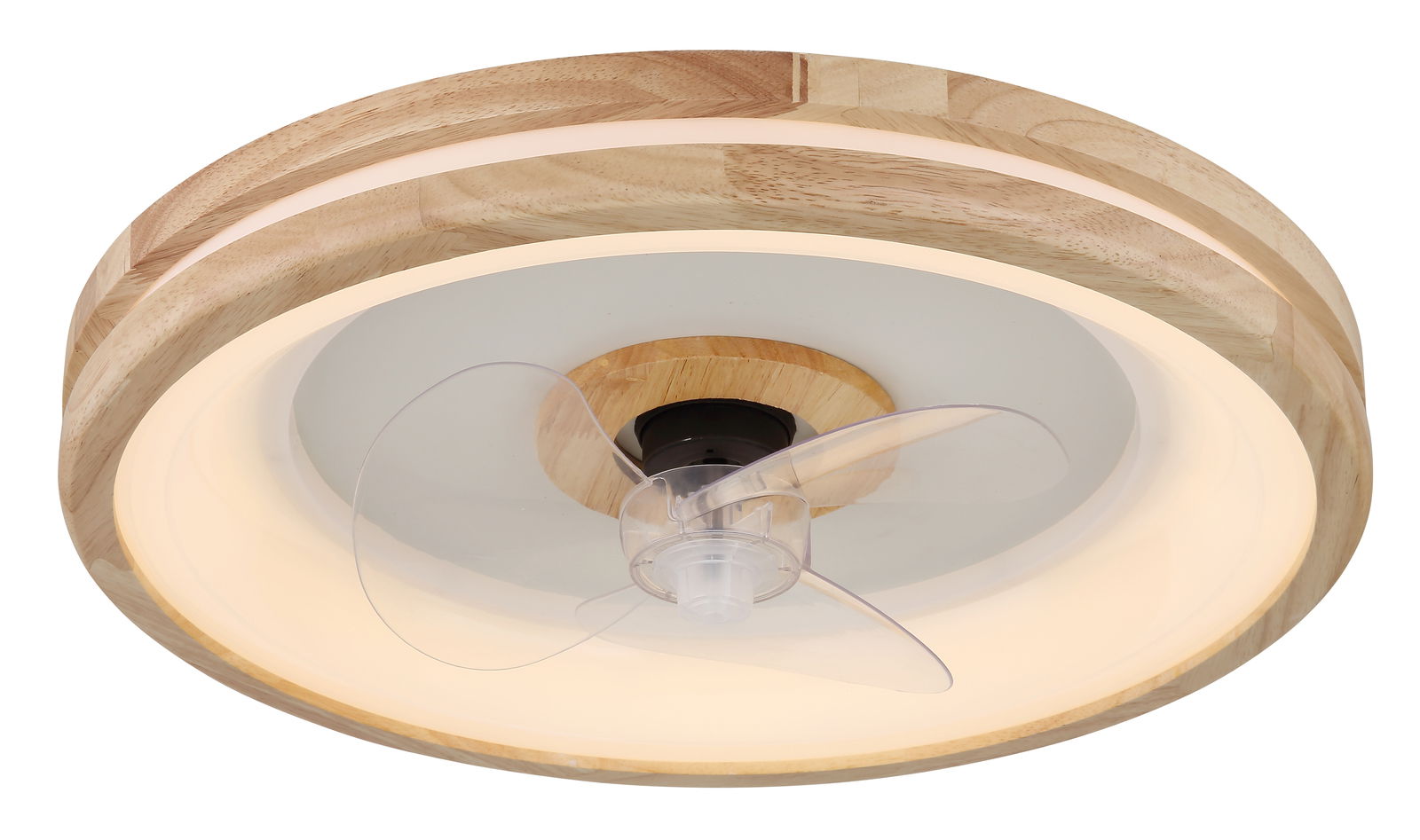 Moderner Deckenventilator mit Holzrahmen und transparenten Flügeln, seitliche Perspektive