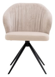 Frontansicht eines modernen Armlehnstuhls mit beigem Stoffbezug und schwarzen Metallbeinen.