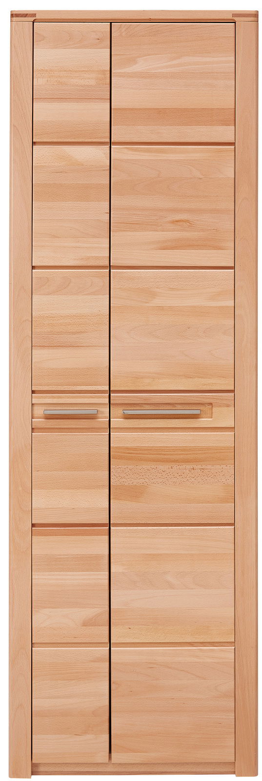 Frontansicht eines großen, modernen Schuhschranks aus hellem Holz mit mehreren Türen und Griffen.