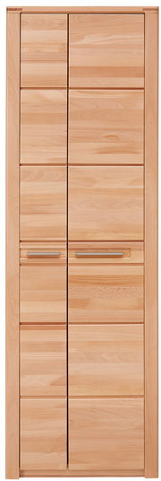 Frontansicht eines großen, modernen Schuhschranks aus hellem Holz mit mehreren Türen und Griffen.