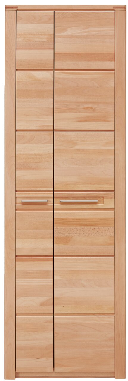 Vooraanzicht van een grote, moderne schoenenkast van licht hout met meerdere deuren en handgrepen.