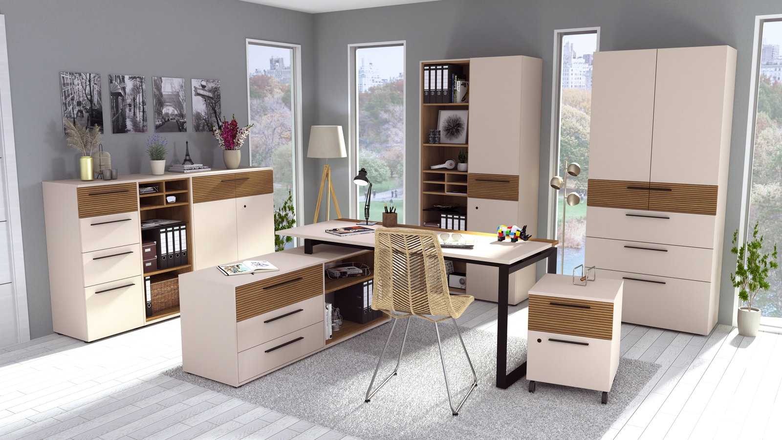 Novel Aktenregal FLORIDA Moderner Eckschreibtisch mit Container in einem stilvoll eingerichteten Büro, aus der Perspektive von vorne betrachtet.