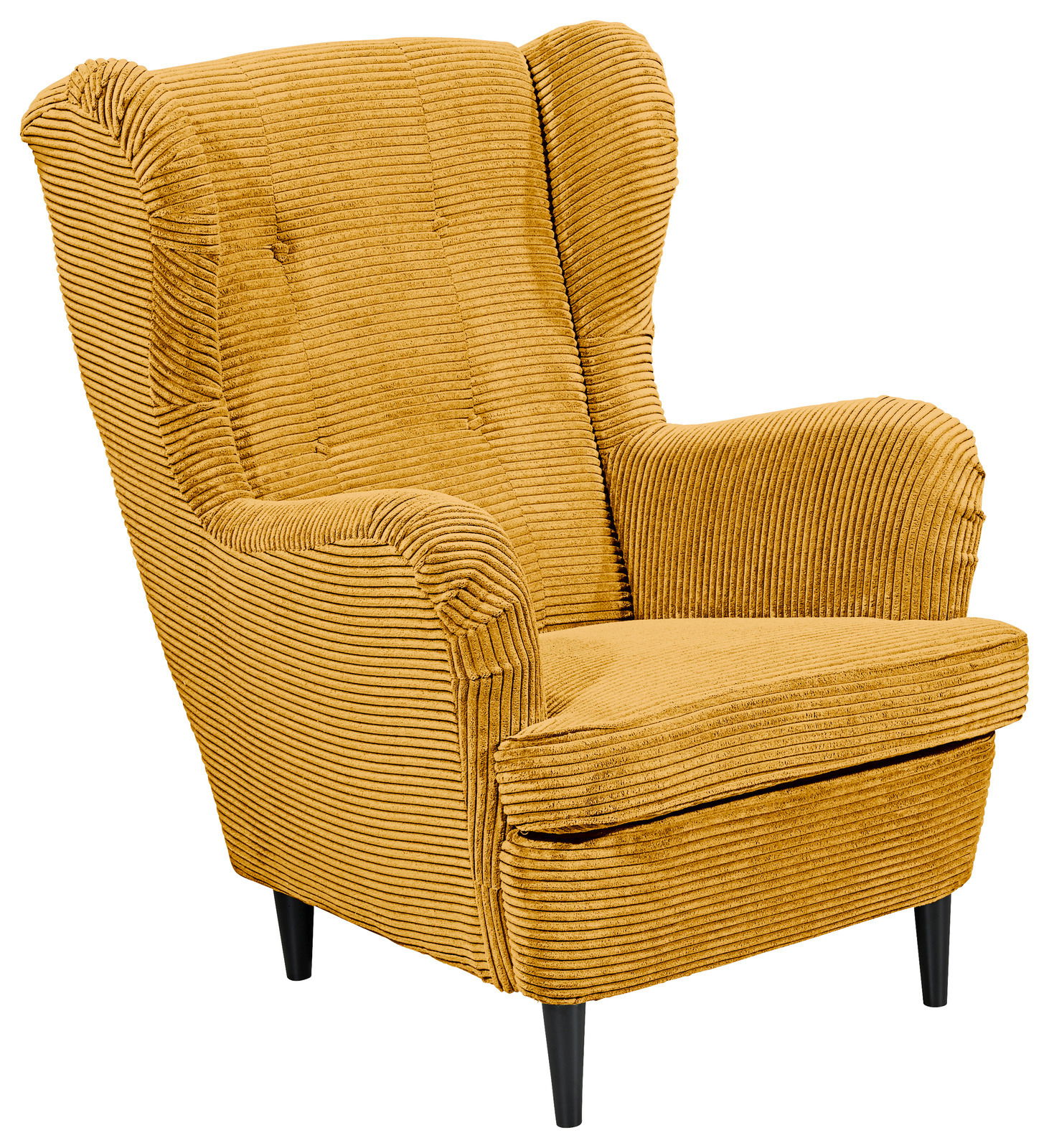 Gemütlicher gelber Sessel mit geripptem Stoffbezug, Vorderansicht