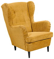 Gemütlicher gelber Sessel mit geripptem Stoffbezug, Vorderansicht