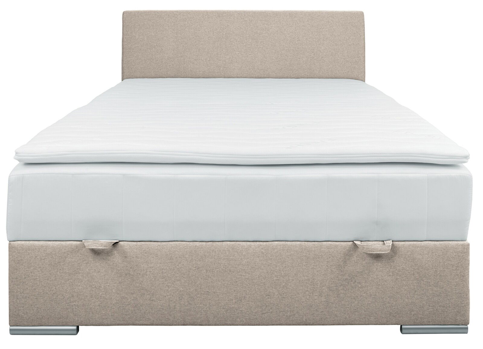 Frontale Ansicht eines Boxbetts 140 mit beigem Kopfteil und weißer Matratze.