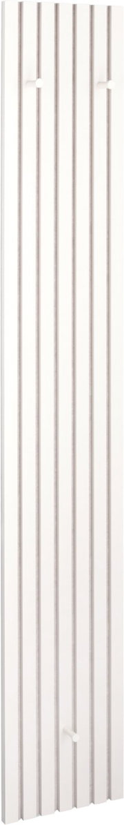 Smal wit paneelradiator met verticale lamellen en drie aansluitingen aan de zijkant, vooraanzicht