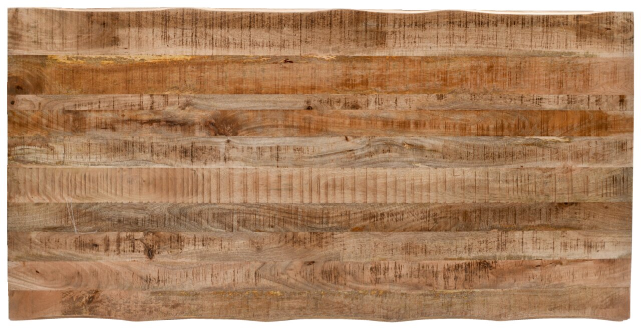 Vogelperspektive auf eine Tischplatte aus Holz mit natürlicher Maserung und verschiedenen Brauntönen.
