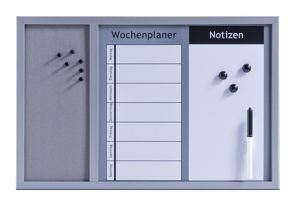 Memoboard 3-in-1 mit Wochenplaner, Notizbereich und Pinnwand, frontal abgebildet