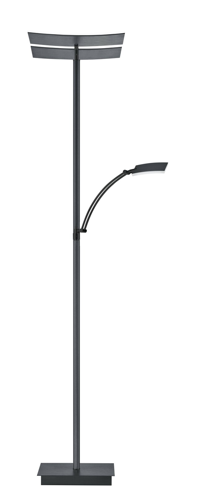 Moderne Stehleuchte ANDY in schwarzem Design mit zwei Lichtquellen, frontal abgebildet.