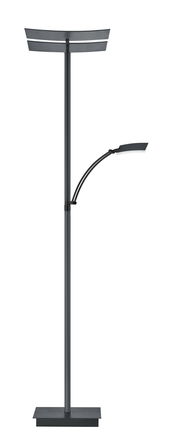 Moderne Stehleuchte ANDY in schwarzem Design mit zwei Lichtquellen, frontal abgebildet.