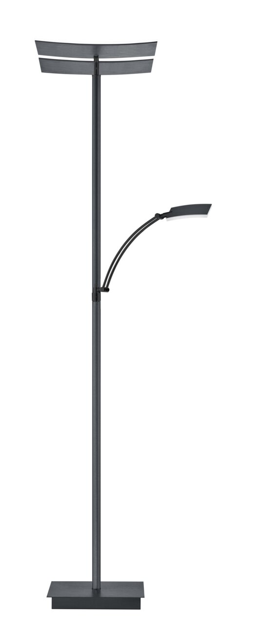 Moderne staande lamp ANDY in zwart met twee lichtbronnen, gezien van voren.