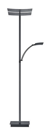 Moderne Stehleuchte ANDY in schwarzem Design mit zwei Lichtquellen, frontal abgebildet.