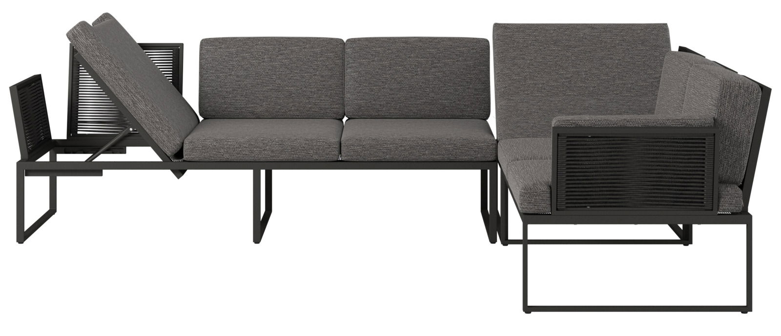 Seitliche Ansicht einer modernen, grauen Loungegarnitur mit Metallrahmen und verstellbarer Rückenlehne.