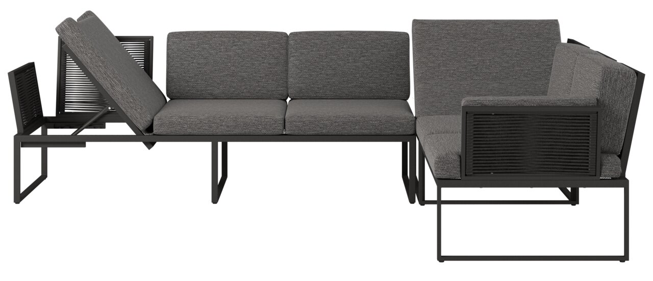 Seitliche Ansicht einer modernen, grauen Loungegarnitur mit Metallrahmen und verstellbarer Rückenlehne.