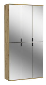 Garderobenkombination mit sechs Spiegeltüren, Holzrahmen und schwarzen Griffen, seitliche Perspektive