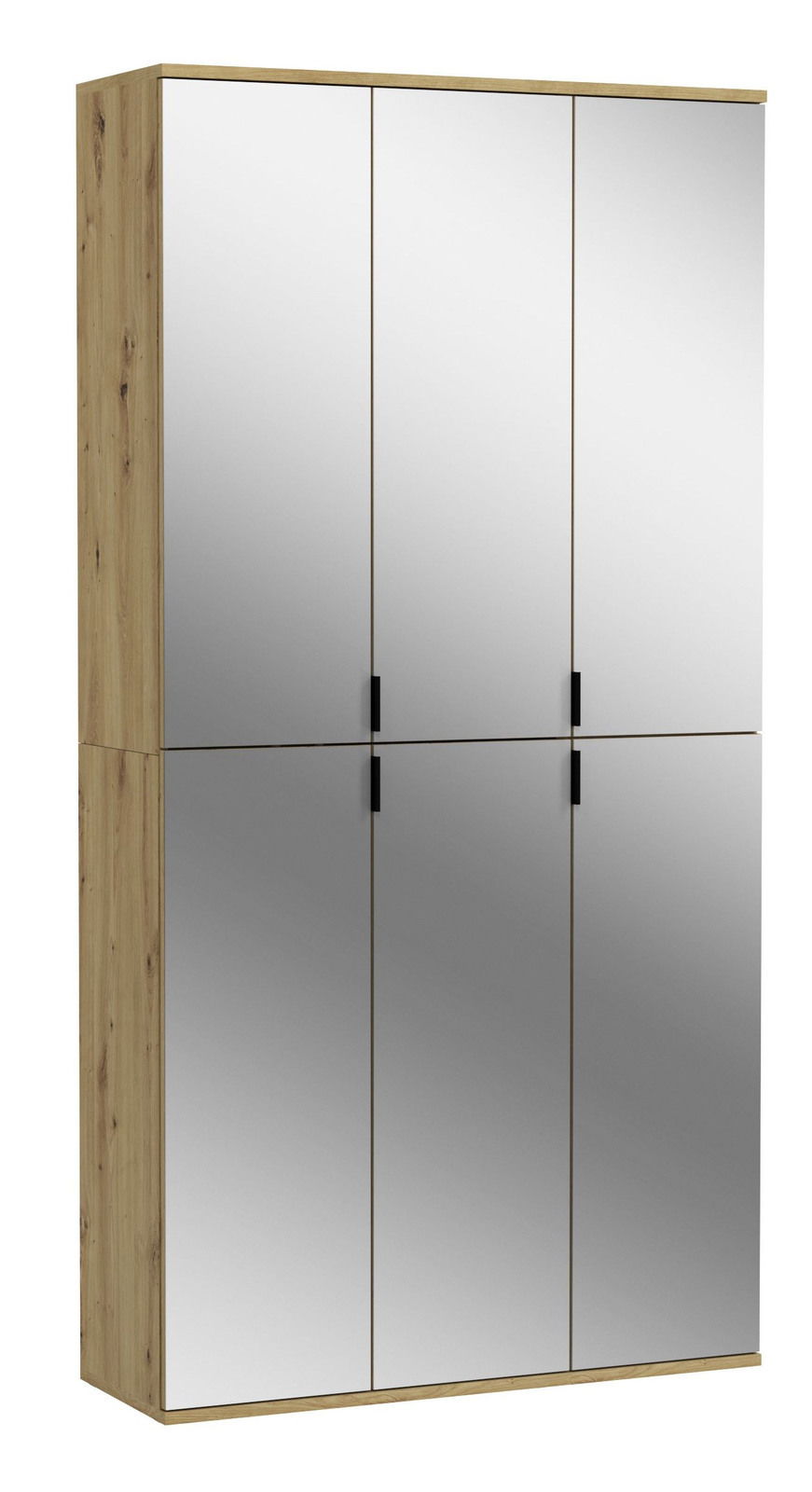 MID.YOU Garderobenkombination PROJEKT X Garderobenkombination mit sechs Spiegeltüren, Holzrahmen und schwarzen Griffen, seitliche Perspektive