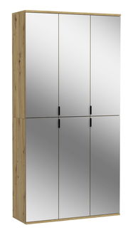 Garderobenkombination mit sechs Spiegeltüren, Holzrahmen und schwarzen Griffen, seitliche Perspektive