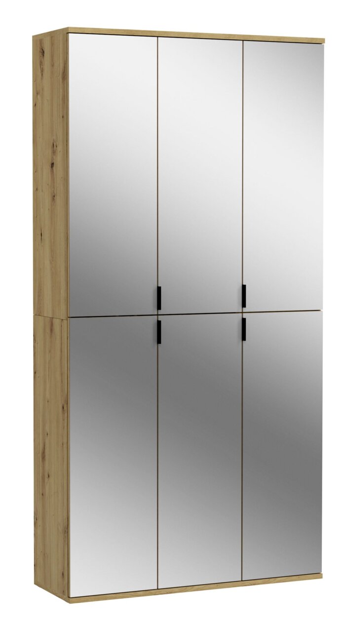 MID.YOU Garderobenkombination PROJEKT X Garderobenkombination mit sechs Spiegeltüren, Holzrahmen und schwarzen Griffen, seitliche Perspektive